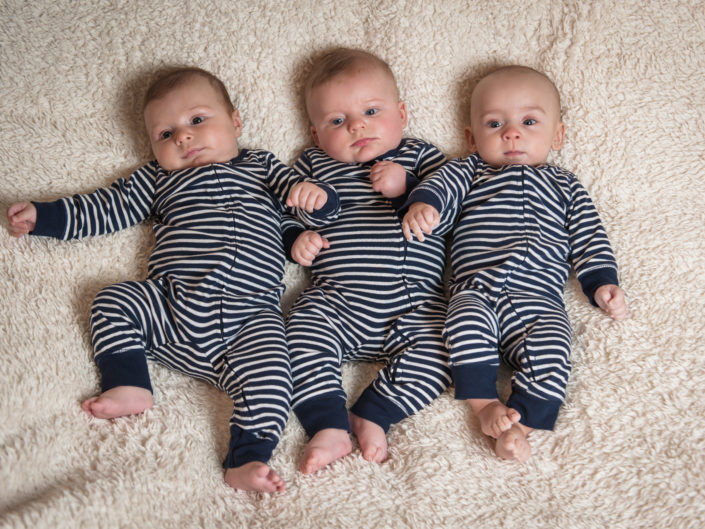 Studio baby photography, 3 babies in striped baby grows