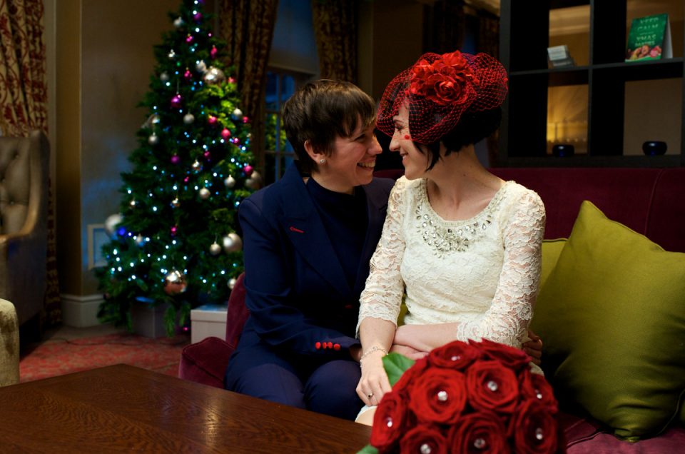 Photograph of Anna and Robbie alone together after their civil partnership ceremony in Greenwich, London