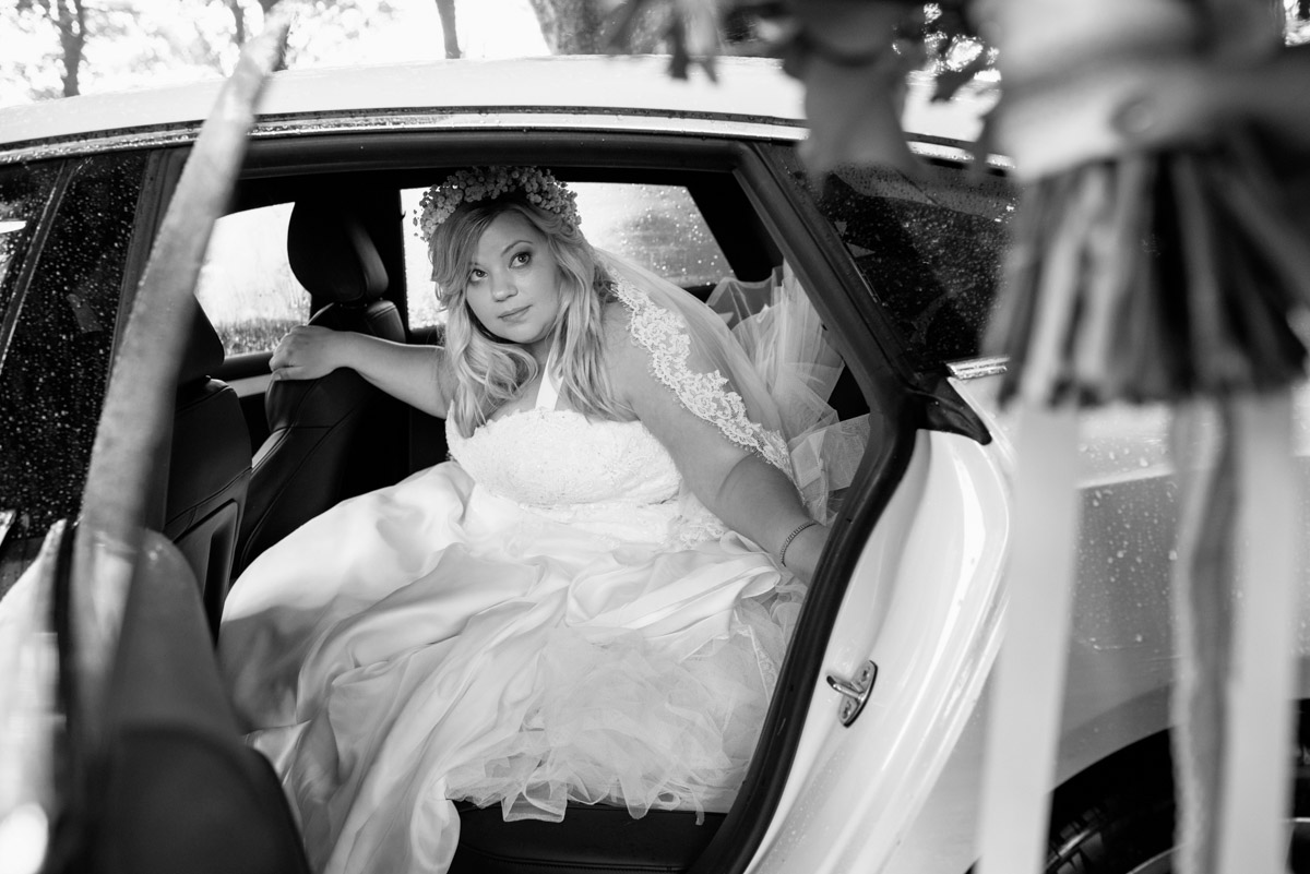 Stevie arrives in her wedding car at Crown Lodge in Kent