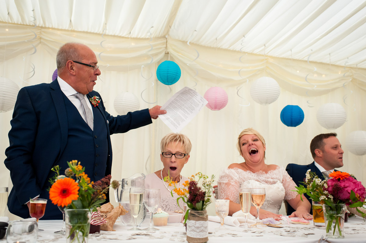 Speeches in marquee at Kelly and Stuarts wedding at Hayne Barn House, Kent