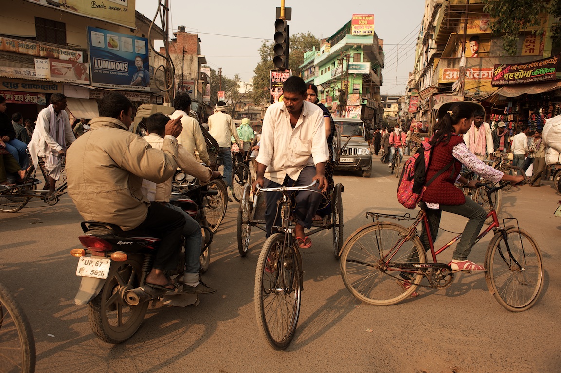 Bicycles and rickshaws on the streets of varanasi