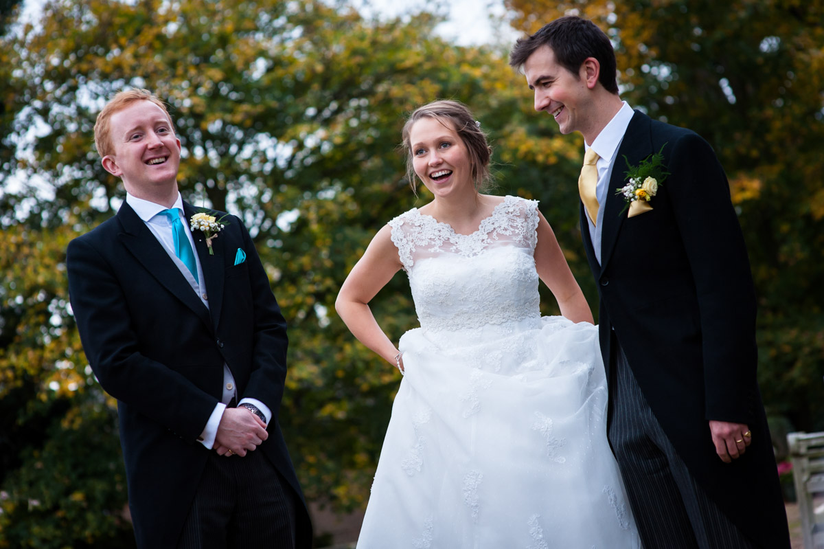 Photograph of Peter, Abigail and best man at their wedding reception in Tunbridge Wells Kent