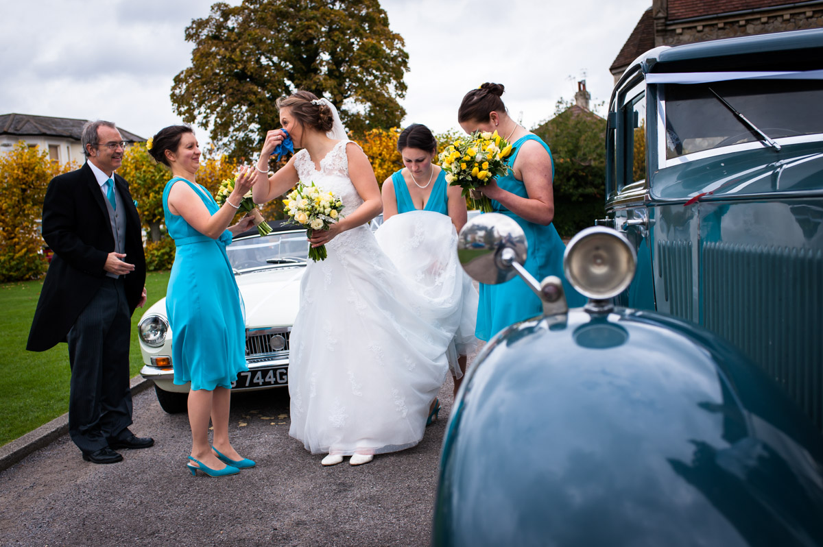 Bridesmaids and bride before church wedding ceremony, Tunbridge Wells