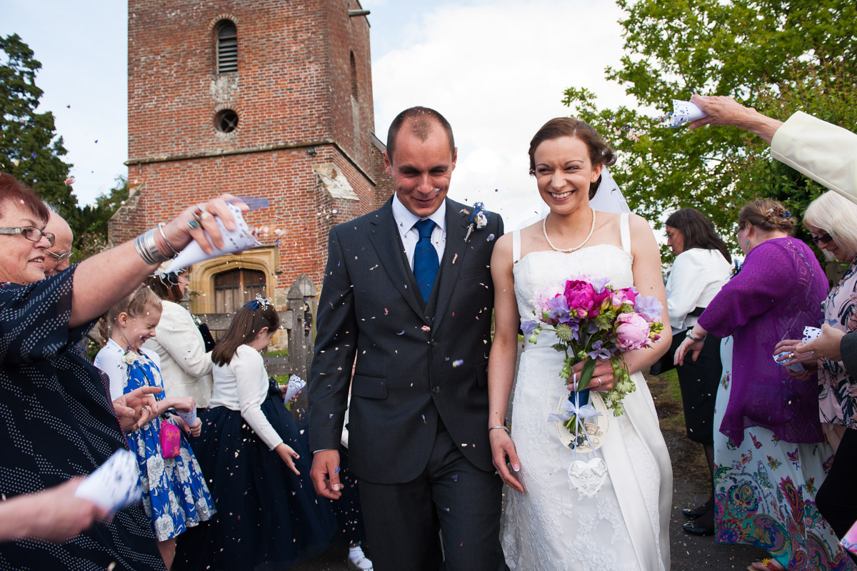 Bride & Groom, confetti, church wedding, Tudeley Church