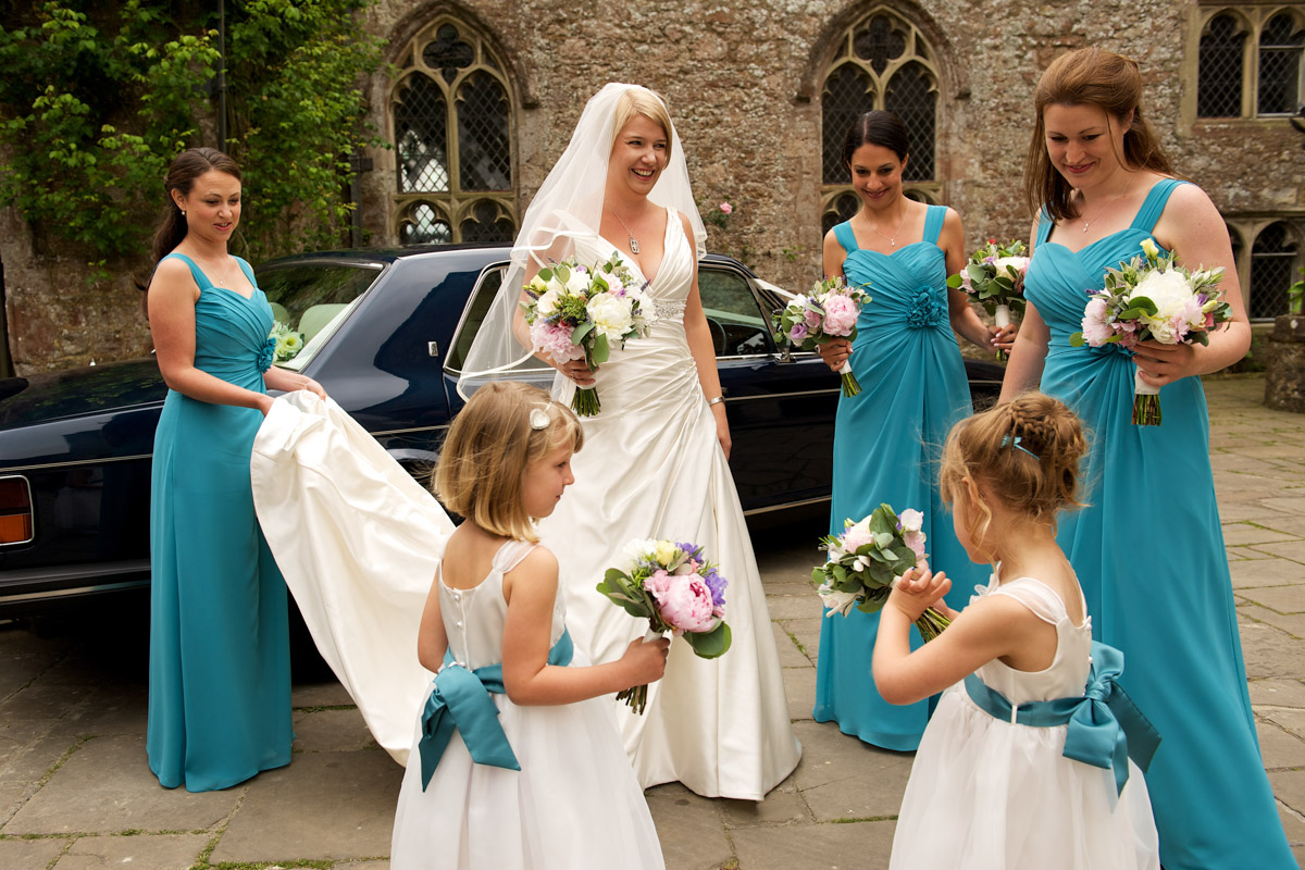 Sarah with her bridesmaids and flower girls before her wedding at Lympne castle