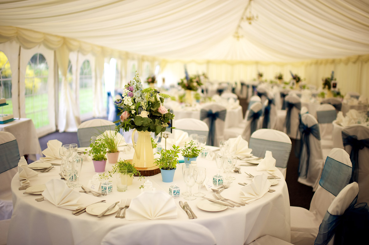 Inside the marquee at Lympne castle in Kent at Sarah and Leightons wedding