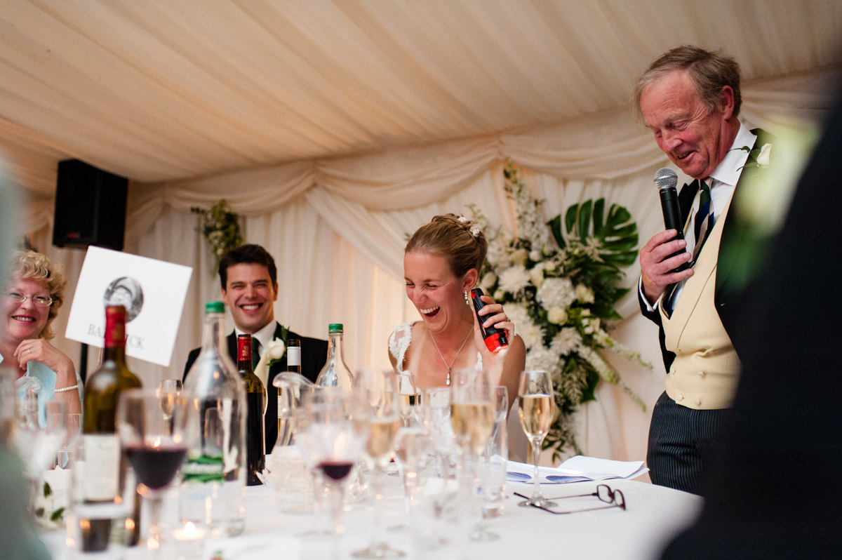 Olivias father makes his wedding speech in marquee reception