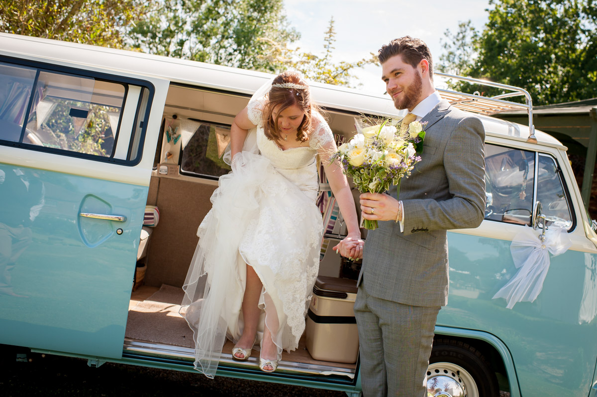 Darren and Amy, VW camper van wedding vehicle