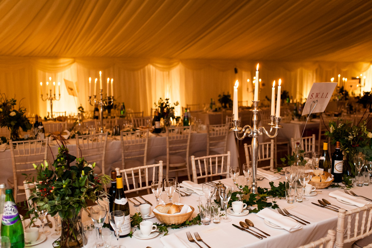 Photograph of marquee interior at Marcus and Frances Kent wedding reception