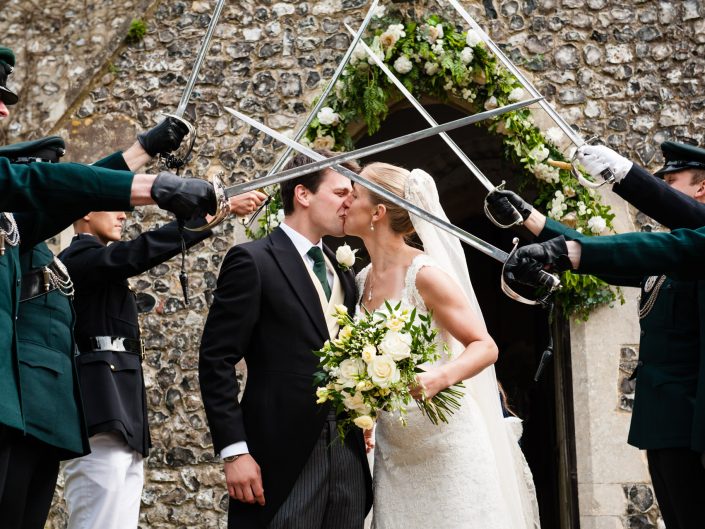 Nick and Olivia kiss after their wedding ceremony at Petham church just outside Canterbury in Kent
