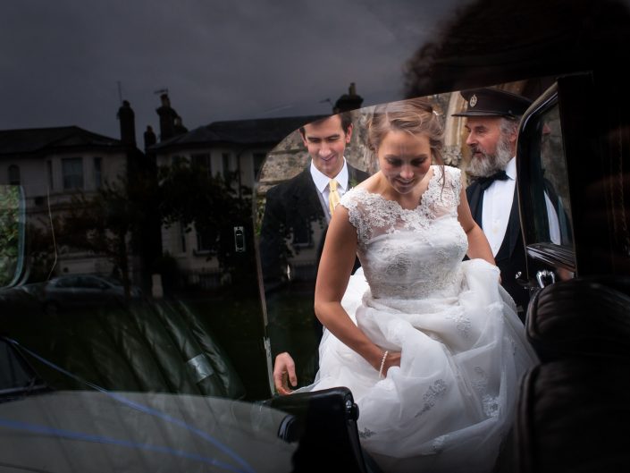 Abigail is photographed getting into the car on her wedding day in Tunbridge Wells in Kent