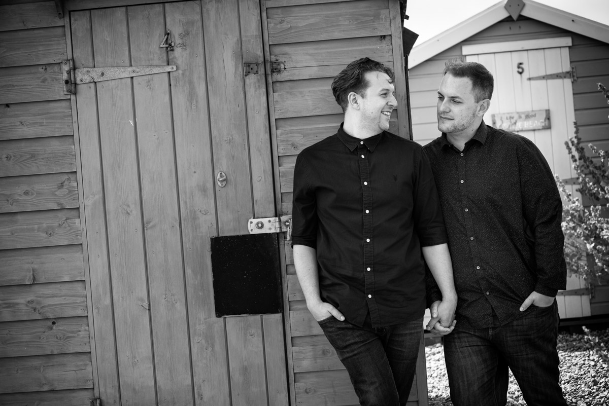 Black and white engagement photograph of David and Simon before their wedding in Kent