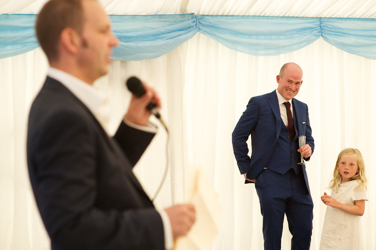 Davids best man makes his speech at David and Julliettes wedding celebration in Kent