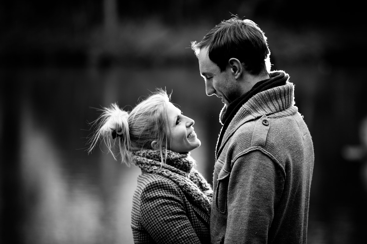Backlit blacka nd white photograph of Emily and Rob during their pre wedding photoshoot in Kent