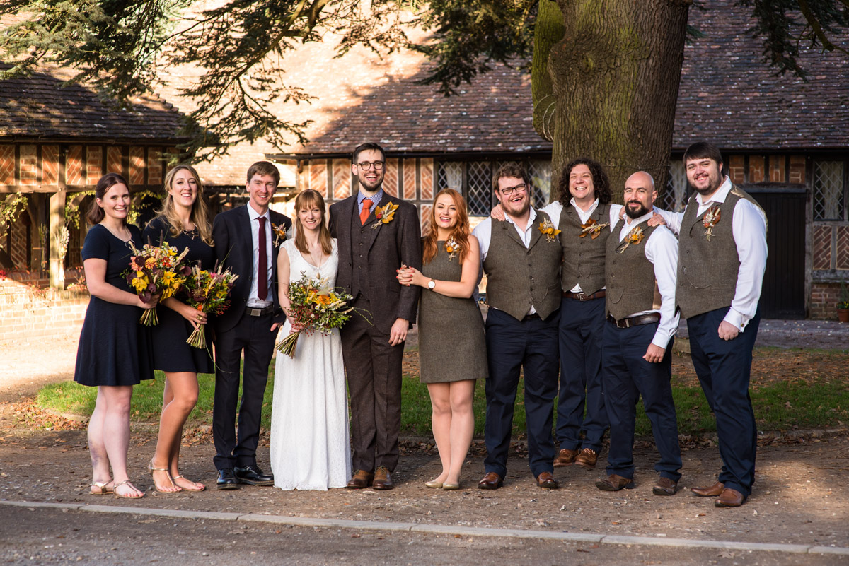 Kent wedding photography at Chilham Village Hall, group photograph outside