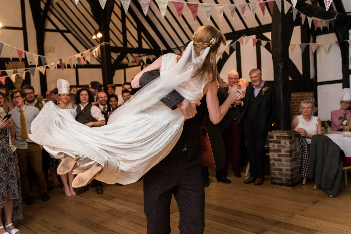 Photograph of Paul and Lauras wedding first dance at Chilham village hall in Kent