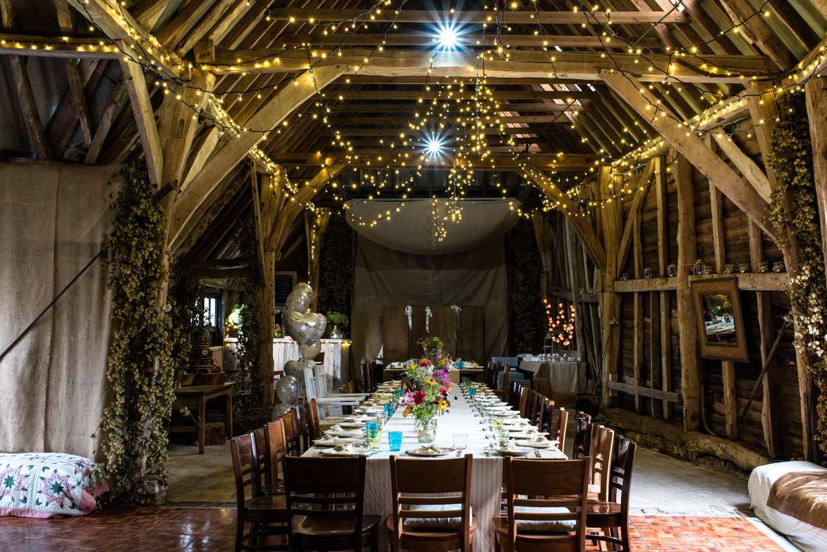 Kent barn decorated for wedding of Steven and Jane