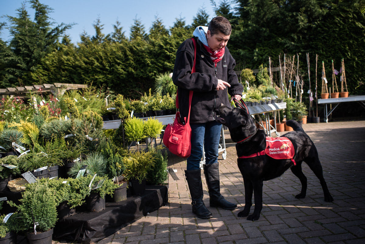 Claire and her dog Pal photographed at Kent garden centre
