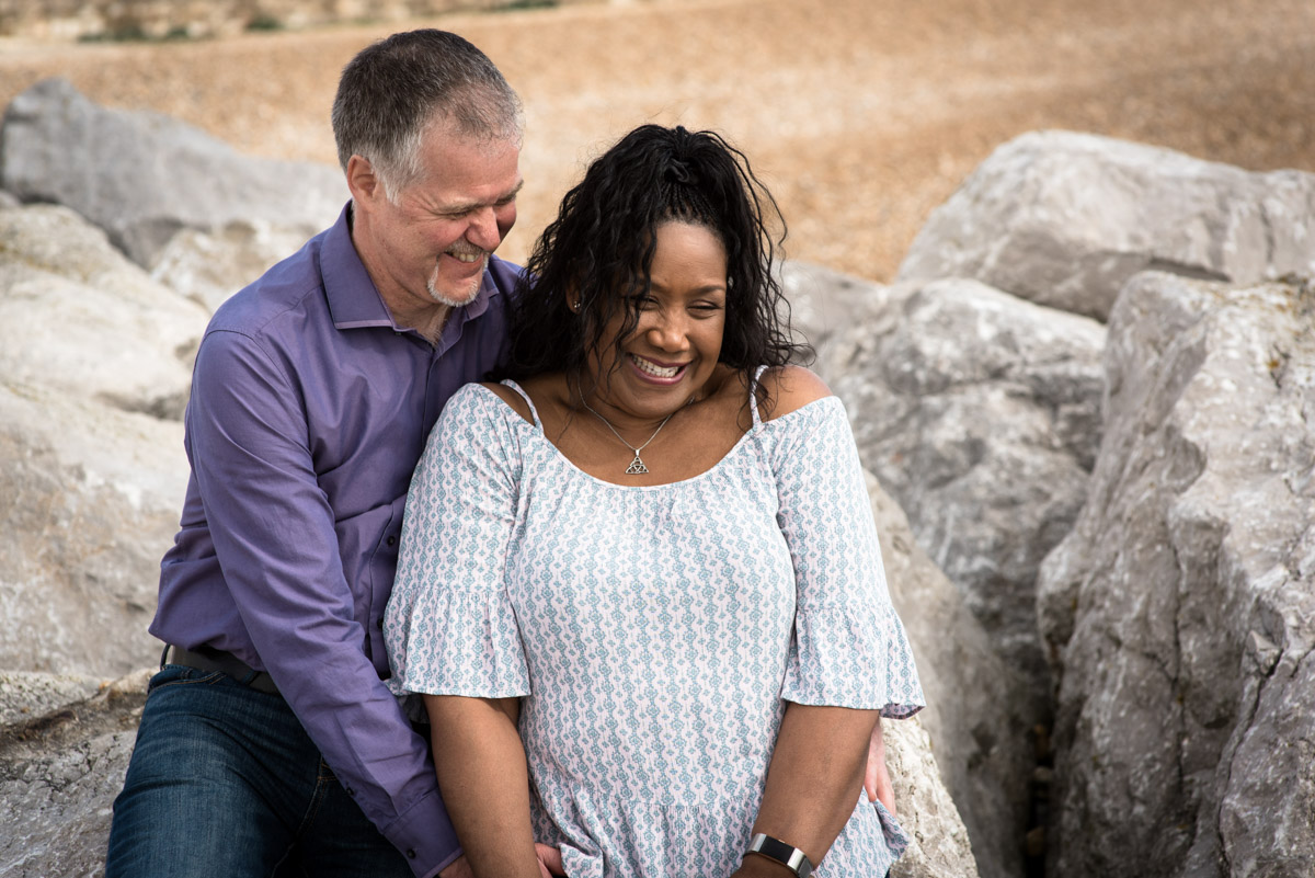 Juliet and Darren photographed on the beach at Hythe in Kent
