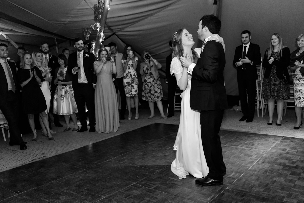 Black and white photograph of James and Flora during wedding first dance