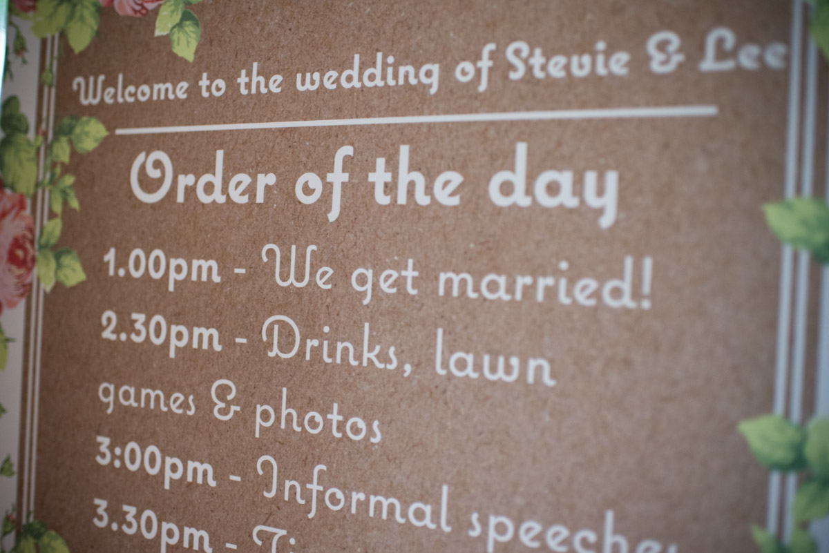 Photograph of the order of the day, part of the wedding details and decorations at the Crown venue in Wye, Kent