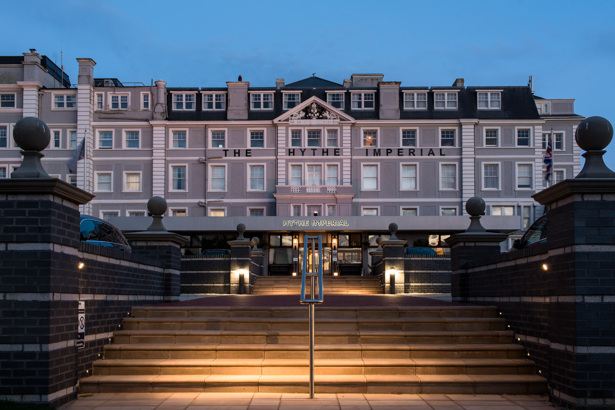Hythe Imperial wedding photography, the hotel at dusk