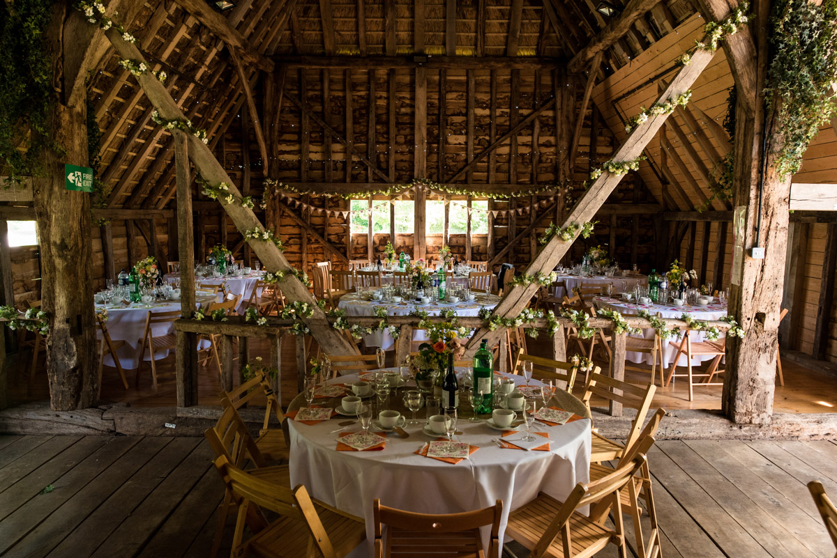 Photograph of inside Ratsbury Barn in kent on Beth and Toms wedding day