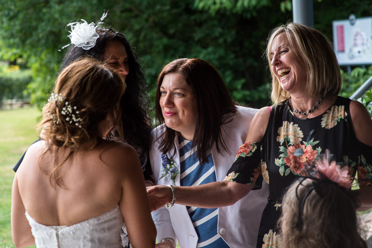 Photograph of Debbie and her friends at her wedding at The Gardens Yalding in Kent