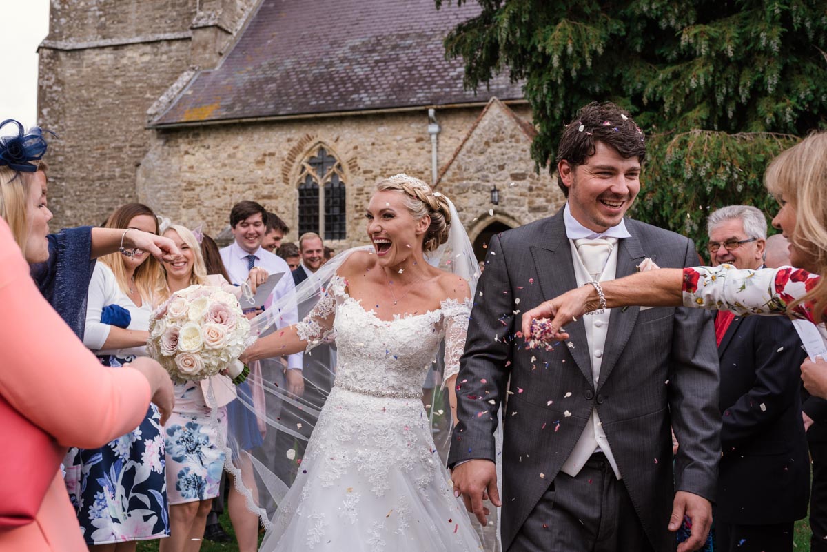 Confetti photograph. Rebecca and james wedding day at Smarten Church in Kent