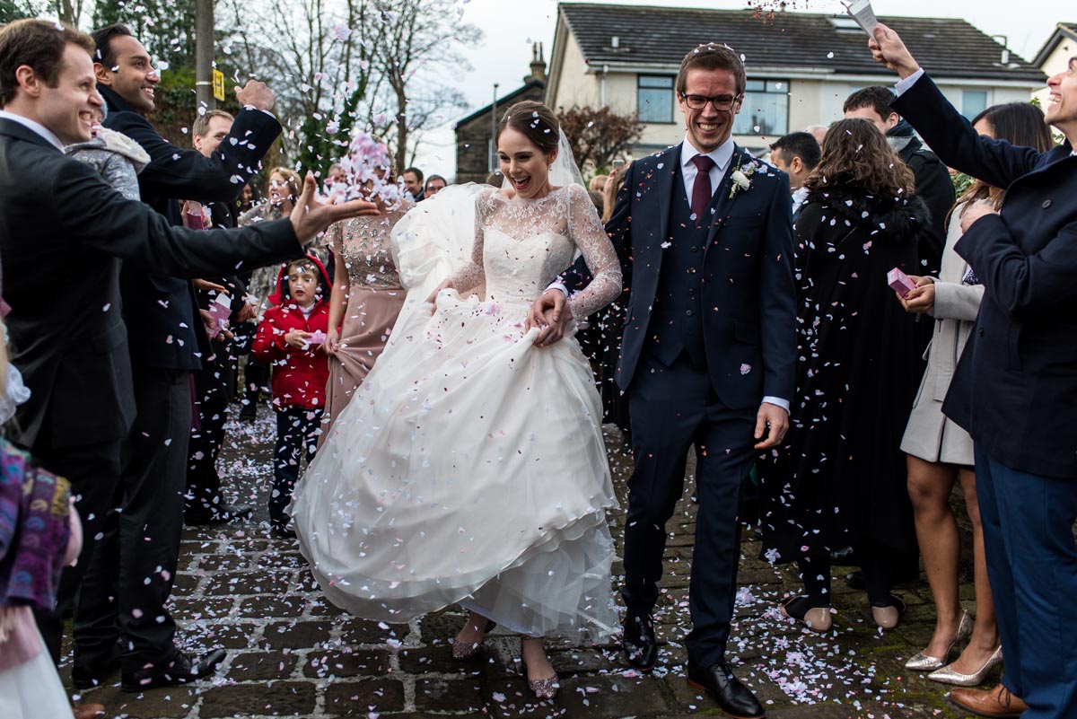 Photograph of confetti throw at Katherine and Toms Yorkshire wedding