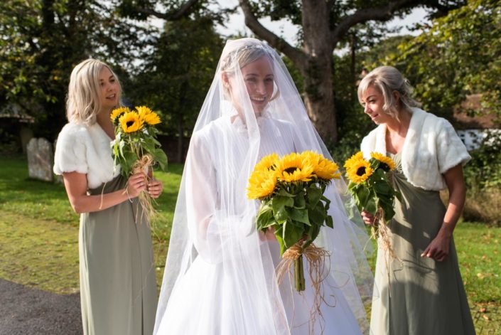 Photograph of bride and her sunflower bouquet before her wedding in Kent