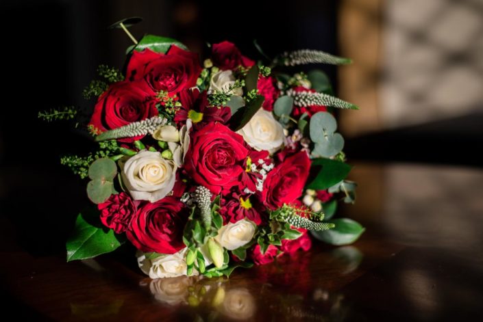 Winter red and white rose wedding bouquet