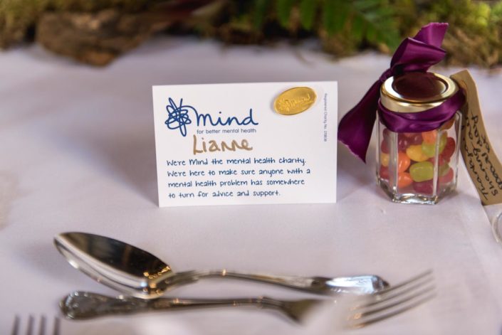 Example of charity name place on wedding table at Lympne Castle in Kent
