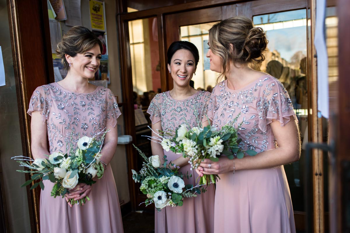 Katherines bridesmaids at church before wedding ceremony