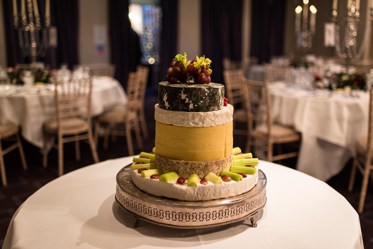 photograph of wedding cheese cake at chilston park hotel winter wedding