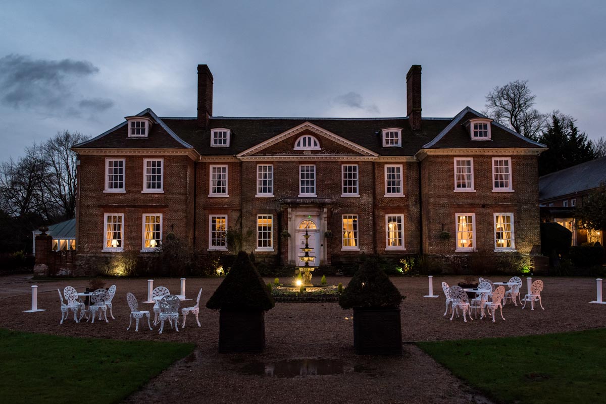 Photograph of outside of Chilston park Hotel in Kent at Christmas wedding
