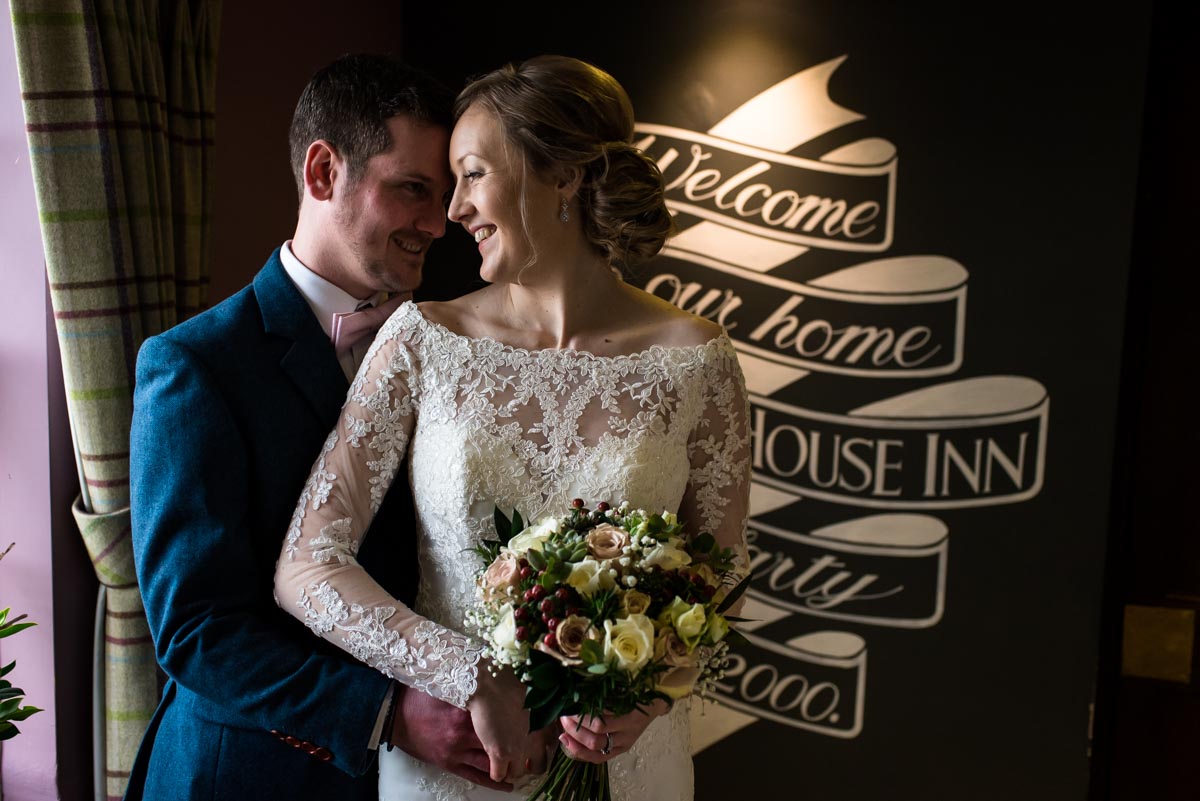 Photograph of Rebecca and Stephen during their Ferry House Inn wedding