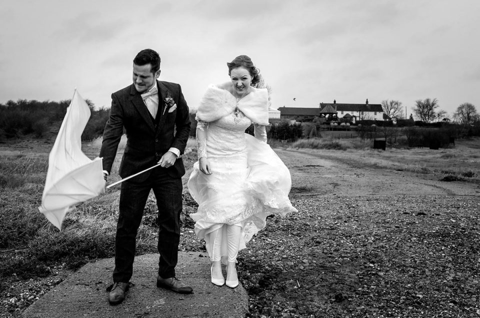 Black and white photograph of Rebecca and Stephen at their Ferry House Inn wedding reception