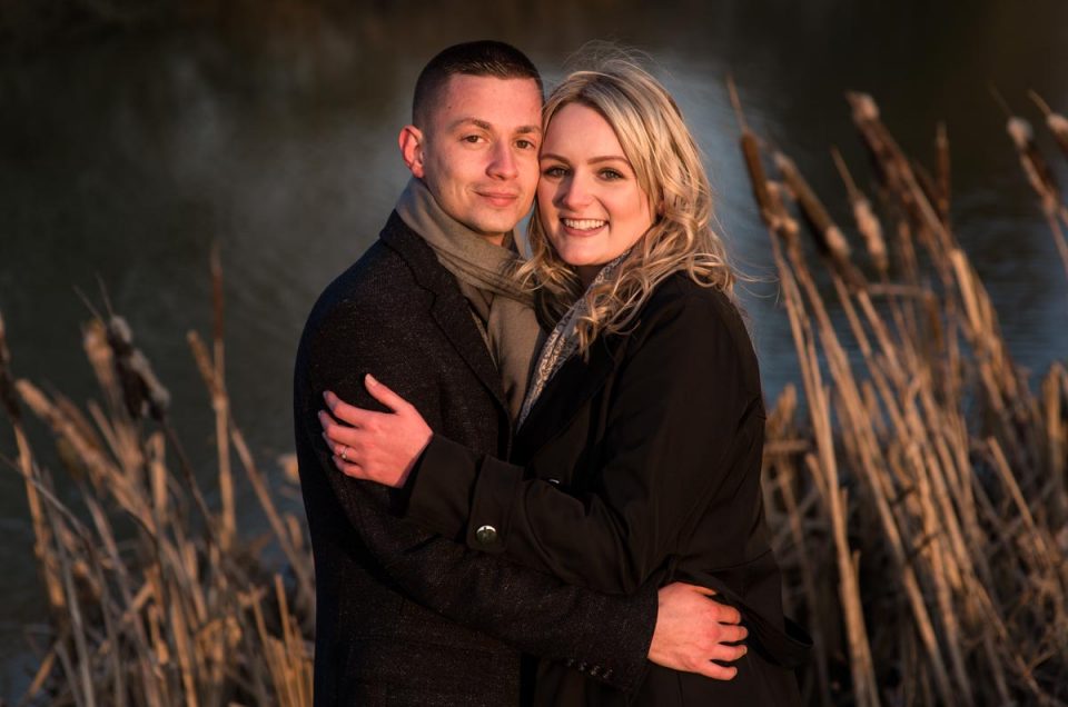 Amy and Rob during their engagement photography session in Kent in freezing winter temperatures
