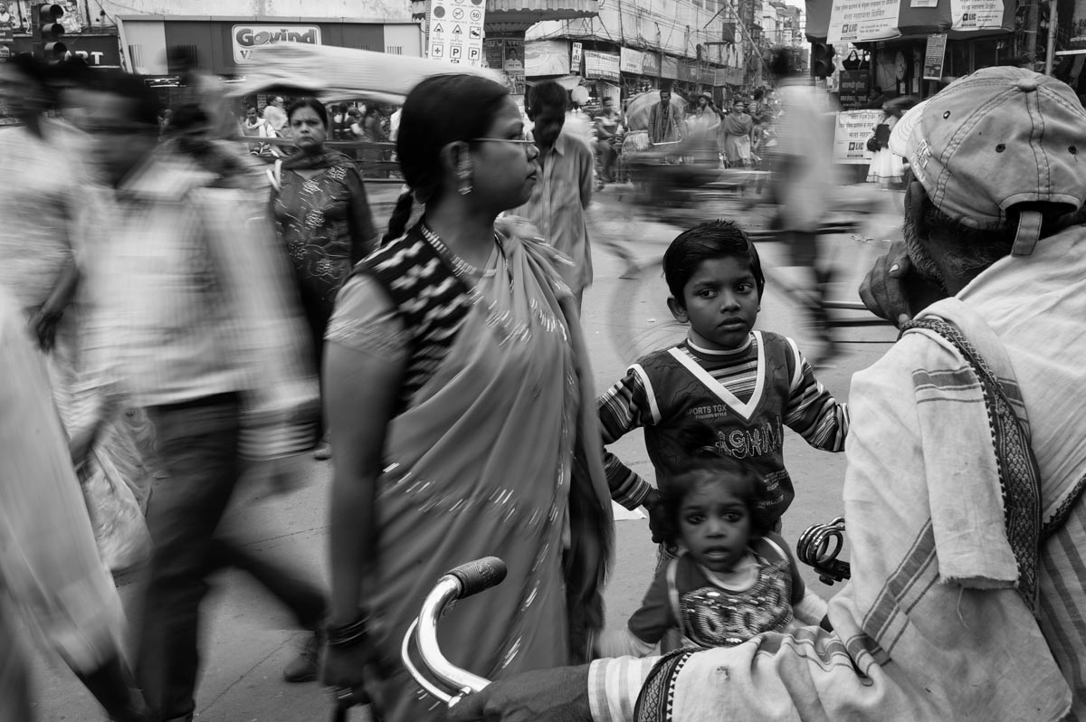 Black & white photo of people on streets of varanasi, India