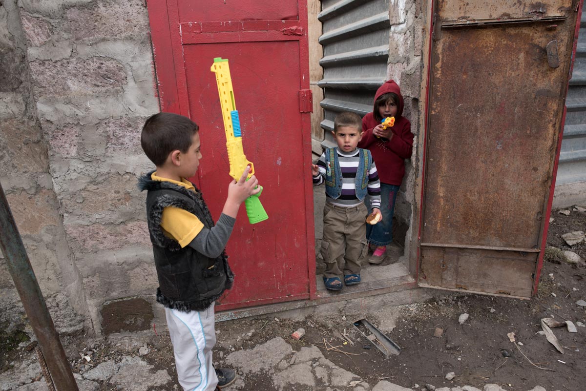 Boys playing with toy guns in Gyumri, Armenia