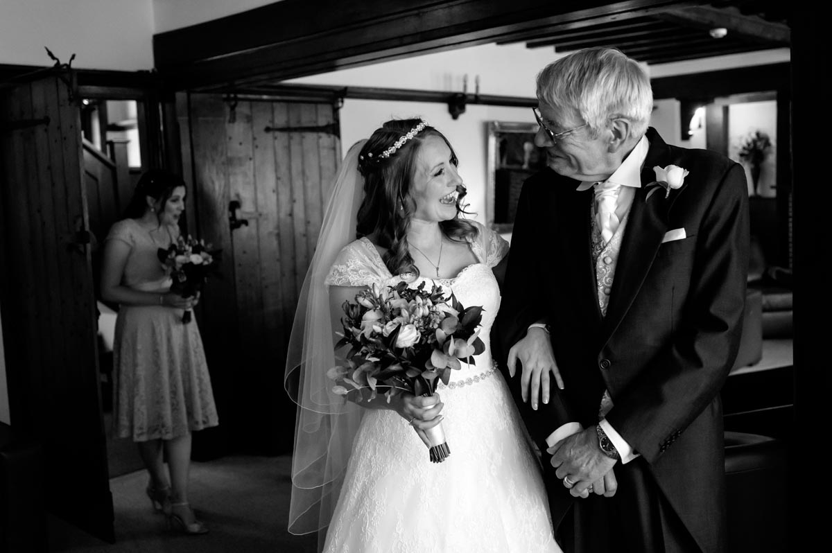wedding photography best of 2021 black and white photograph of heather and her dad before her wedding at little silver hotel in kent
