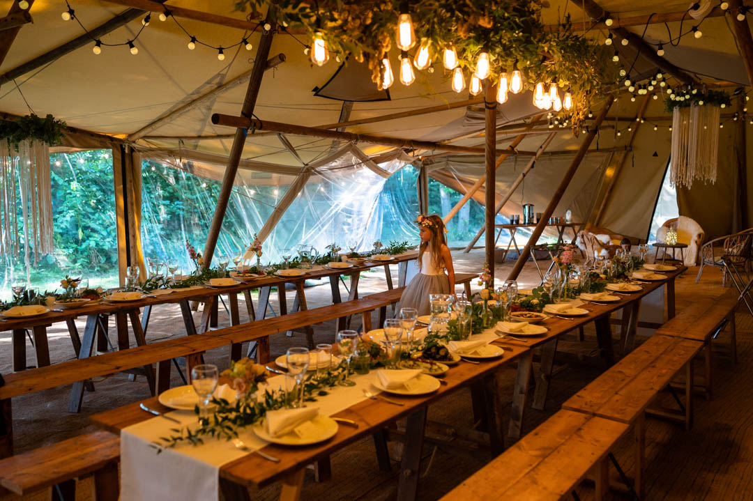 Photograph of table decorations at The Wilderness wedding venue tipis