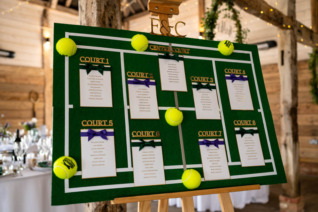 Tennis themed seating plan for Chris and Fiona's wedding at The Cherry Barn