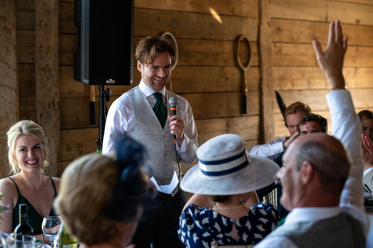 Chris making his speech during his wedding at The Cherry Barn in east Sussex
