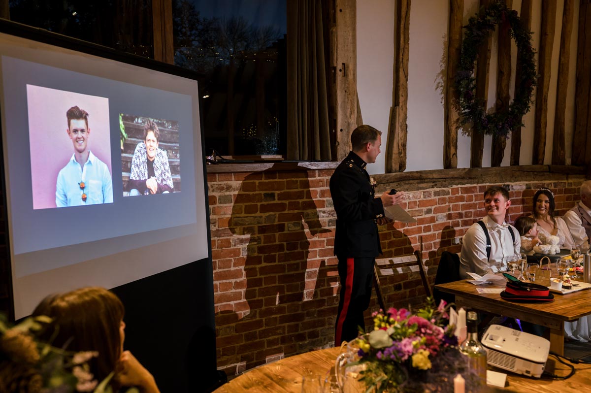 Wills brother giving best man speech at his wedding at The Oak Barn, Frame Farm in Kent