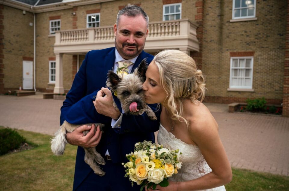 Dogs at weddings. Bride and groom having photos with their dog