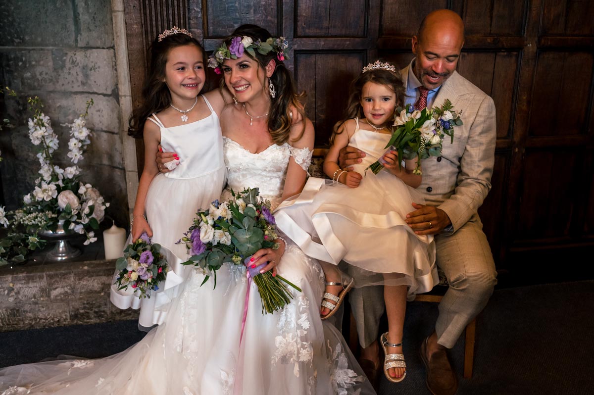Archbishops Palace wedding photography. Bride and groom plus their daughters who were flower girls