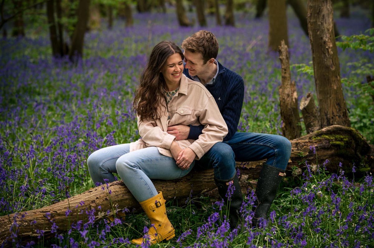 Photograph of Becca and Fred in the woods during their pre wedding photoshoot