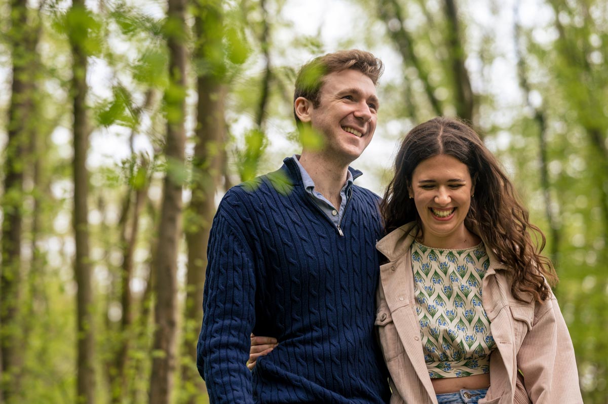 Photograph of Becca and Fred during their Kent pre wedding photoshoot in bluebell woods